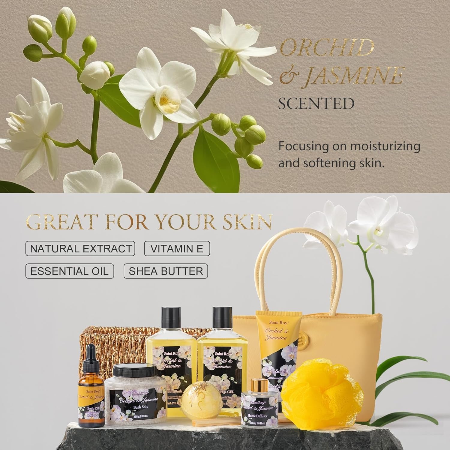 Christmas Gift Bath Basket, Bath and Body Gift Basket Orchid & Jasmine Spa Gift Baskets for Women Fragrant Body Lotions, Christmas Gifts for Women, Home Spa Gift Basket, Bath Kit Cosmetic Bag Sets