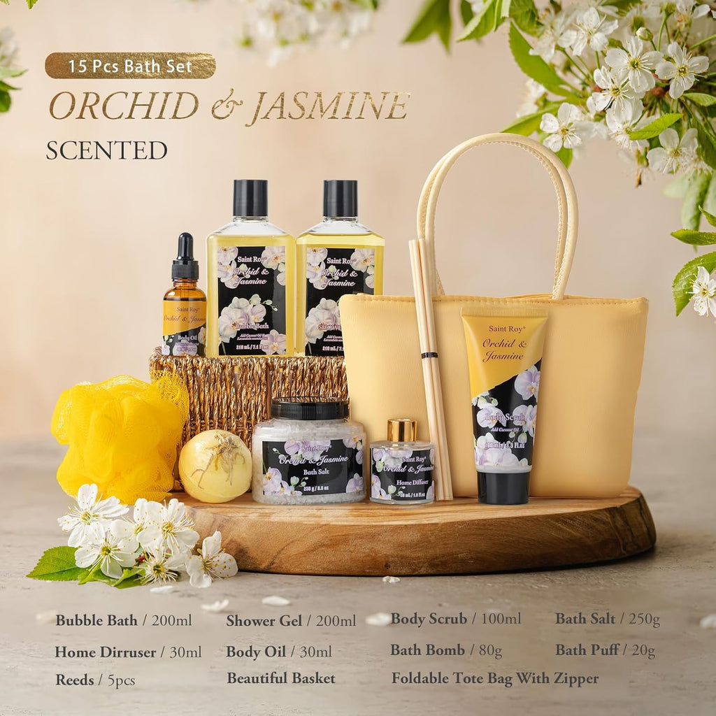 Christmas Gift Bath Basket, Bath and Body Gift Basket Orchid & Jasmine Spa Gift Baskets for Women Fragrant Body Lotions, Christmas Gifts for Women, Home Spa Gift Basket, Bath Kit Cosmetic Bag Sets