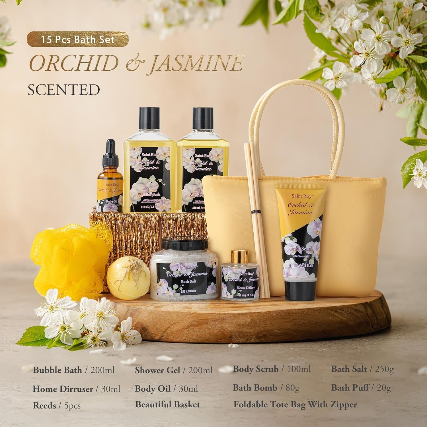 Christmas Gift Bath Basket, Bath and Body Gift Basket Orchid & Jasmine Spa Gift Baskets for Women Fragrant Body Lotions, Christmas Gifts for Women, Home Spa Gift Basket, Bath Kit Cosmetic Bag Sets