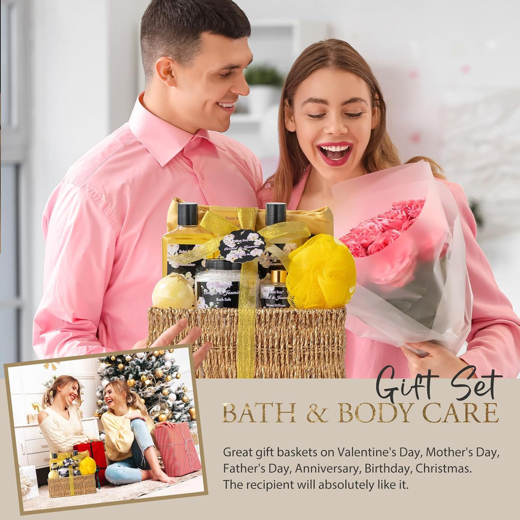 Christmas Gift Bath Basket, Bath and Body Gift Basket Orchid & Jasmine Spa Gift Baskets for Women Fragrant Body Lotions, Christmas Gifts for Women, Home Spa Gift Basket, Bath Kit Cosmetic Bag Sets