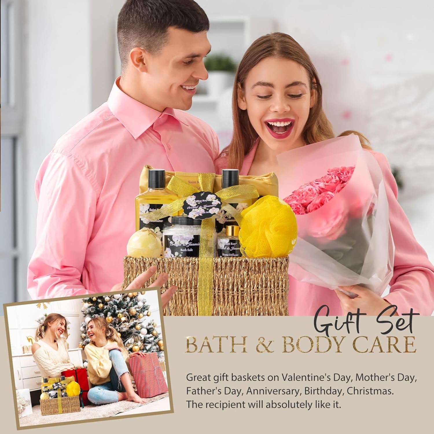 Christmas Gift Bath Basket, Bath and Body Gift Basket Orchid & Jasmine Spa Gift Baskets for Women Fragrant Body Lotions, Christmas Gifts for Women, Home Spa Gift Basket, Bath Kit Cosmetic Bag Sets