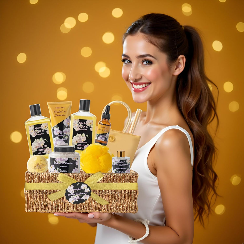 Christmas Gift Bath Basket, Bath and Body Gift Basket Orchid & Jasmine Spa Gift Baskets for Women Fragrant Body Lotions, Christmas Gifts for Women, Home Spa Gift Basket, Bath Kit Cosmetic Bag Sets